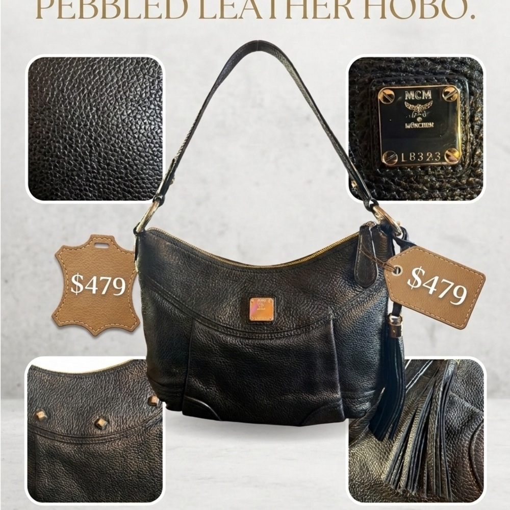 MCM Black Pebbled Leather Hobo Shoulder Bag with Tassel and Gold hardware EUC